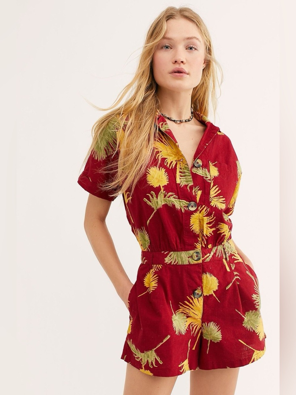 Free People Malibu Tropical Palm Leaf Romper Maroon Red Yellow Small Campy